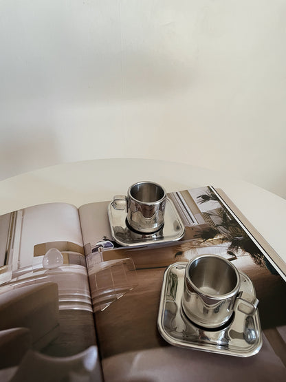 SILVER ESPRESSO CUPS WITH SQUARE SAUCERS