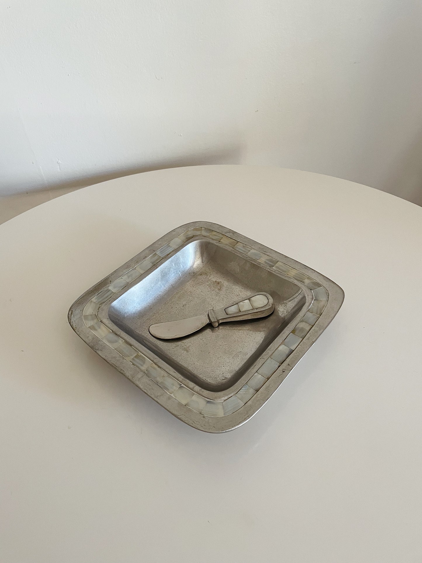 SQUARE PEWTER DISH AND KNIFE
